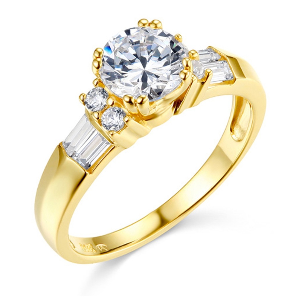 14k 1.25CT Round & Baguette Double-Prong CZ Ring